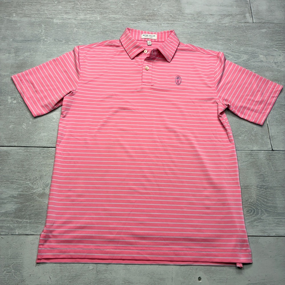 Peter Millar Summer Comfort Boys L 14-16 Pink Blue Stripe Golf Polo YS23EK08S